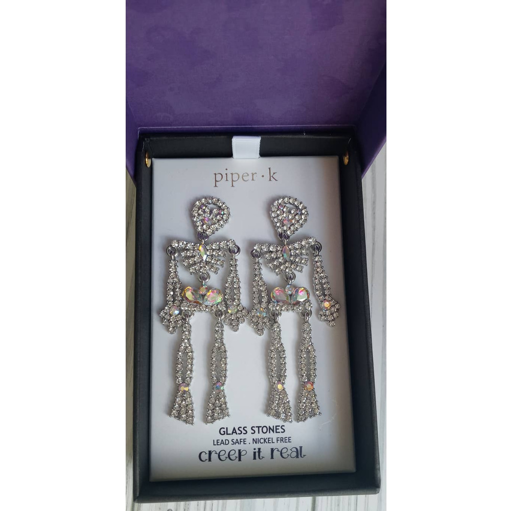 Piper K Halloween Glass Stone Skeleton Earrings 3" Long